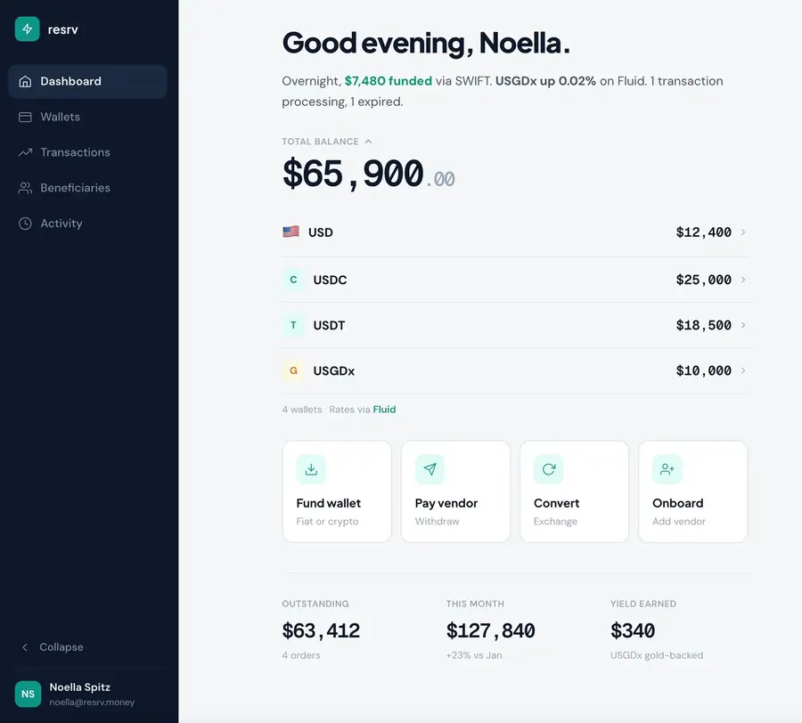 The Nexus dashboard showing one balance across USD and stablecoins, with funding, payouts and conversion in one place
