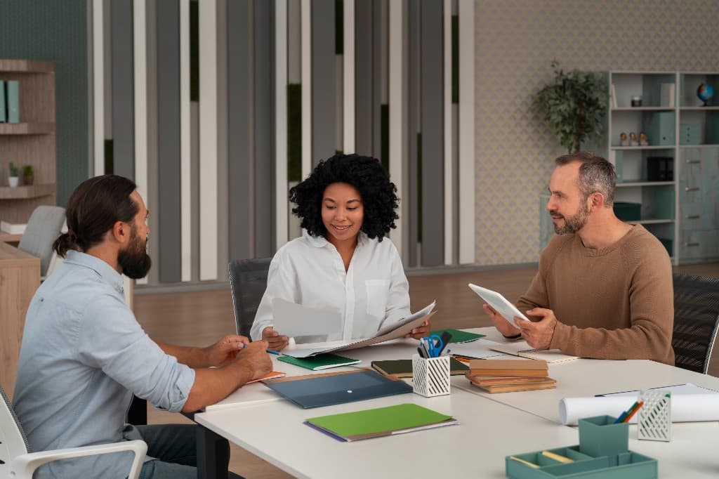 Team of colleagues reviewing documents together at a conference table