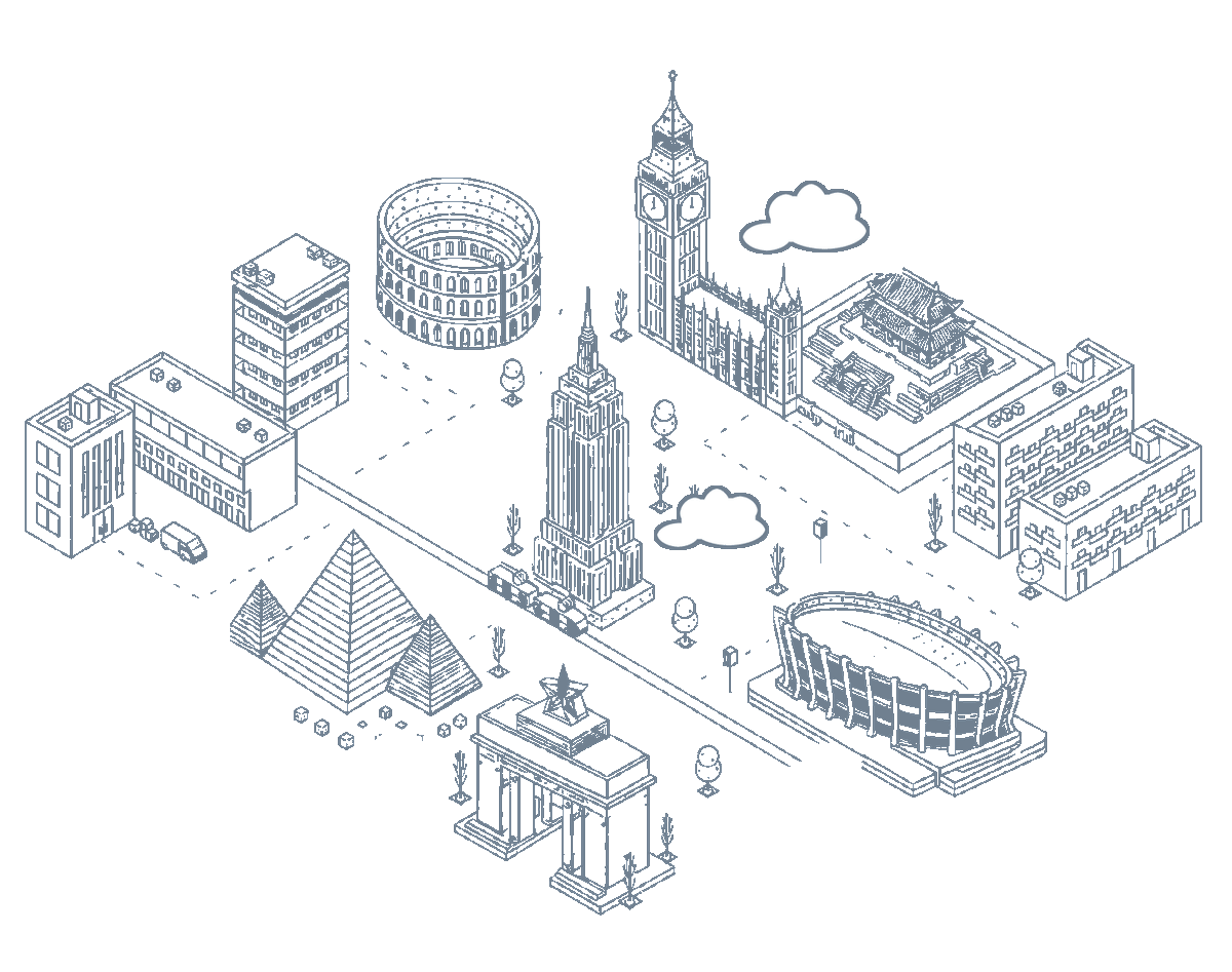 Animated isometric illustration of global landmarks connected across a network
